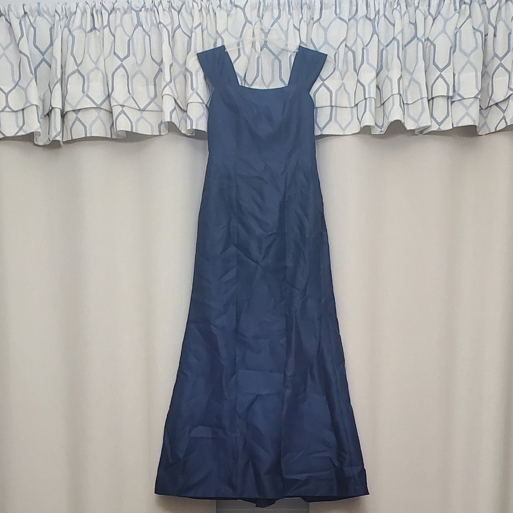 NWT ALFRED SUNG Off-The-Shoulder Bow Back Satin Trumpet Gown in Midnight Navy - Picture 4 of 12
